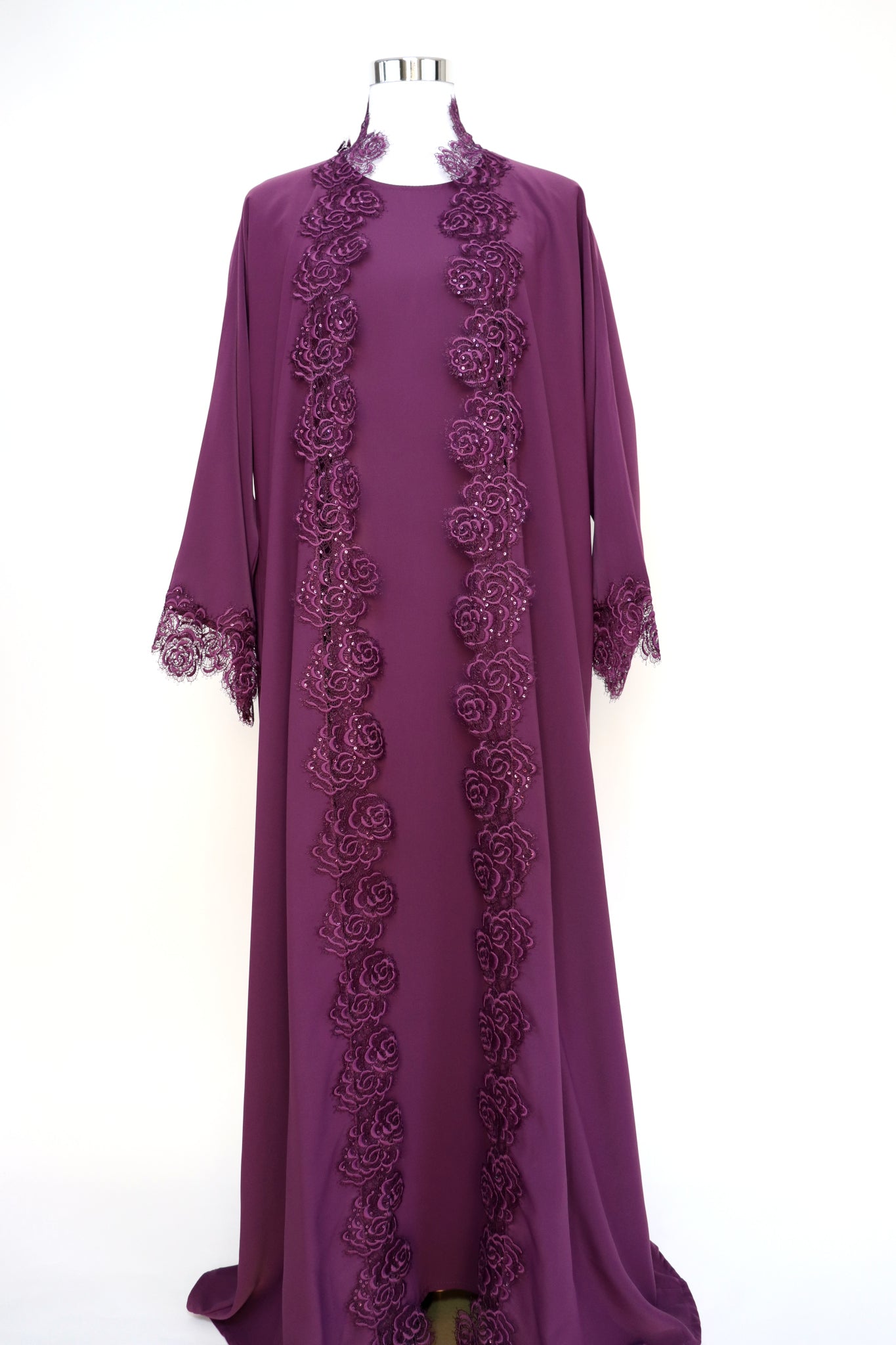 3 Piece Set Floral Lace Trim Abaya - Purple Plum