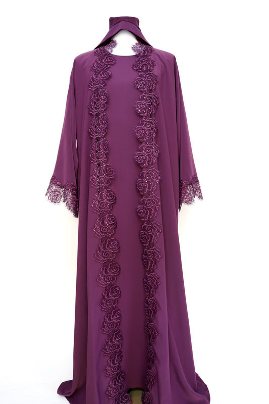 3 Piece Set Floral Lace Trim Abaya - Purple Plum