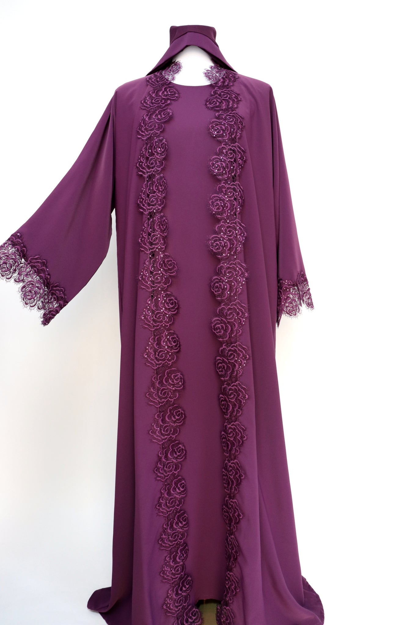 3 Piece Set Floral Lace Trim Abaya - Purple Plum