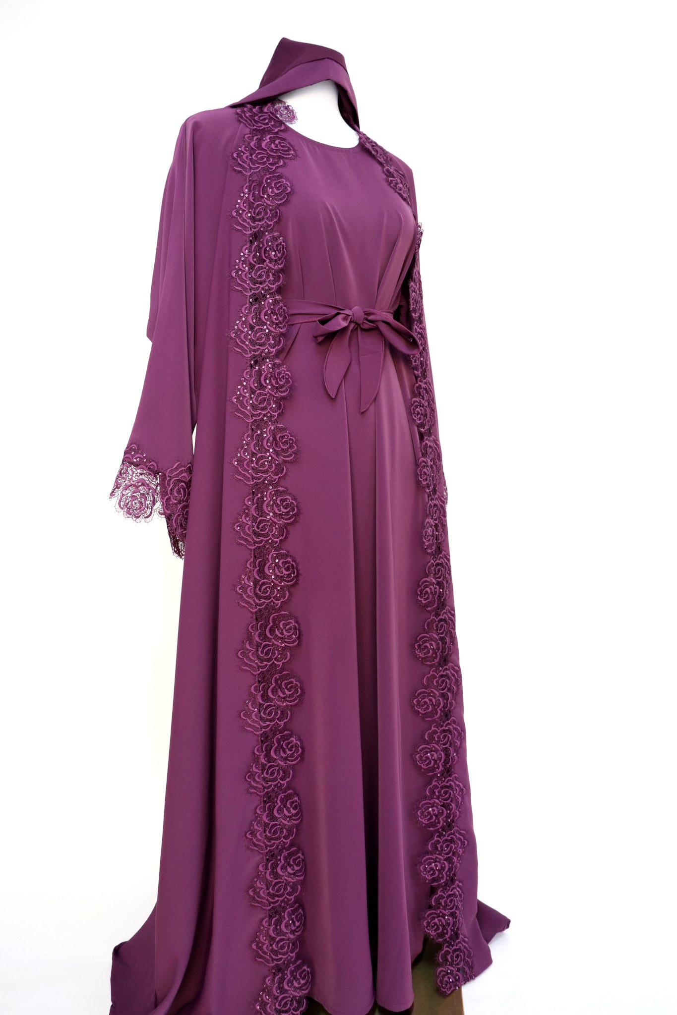 3 Piece Set Floral Lace Trim Abaya - Purple Plum