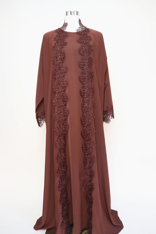 3 Piece Set Floral Lace Trim Abaya - Choco Brown