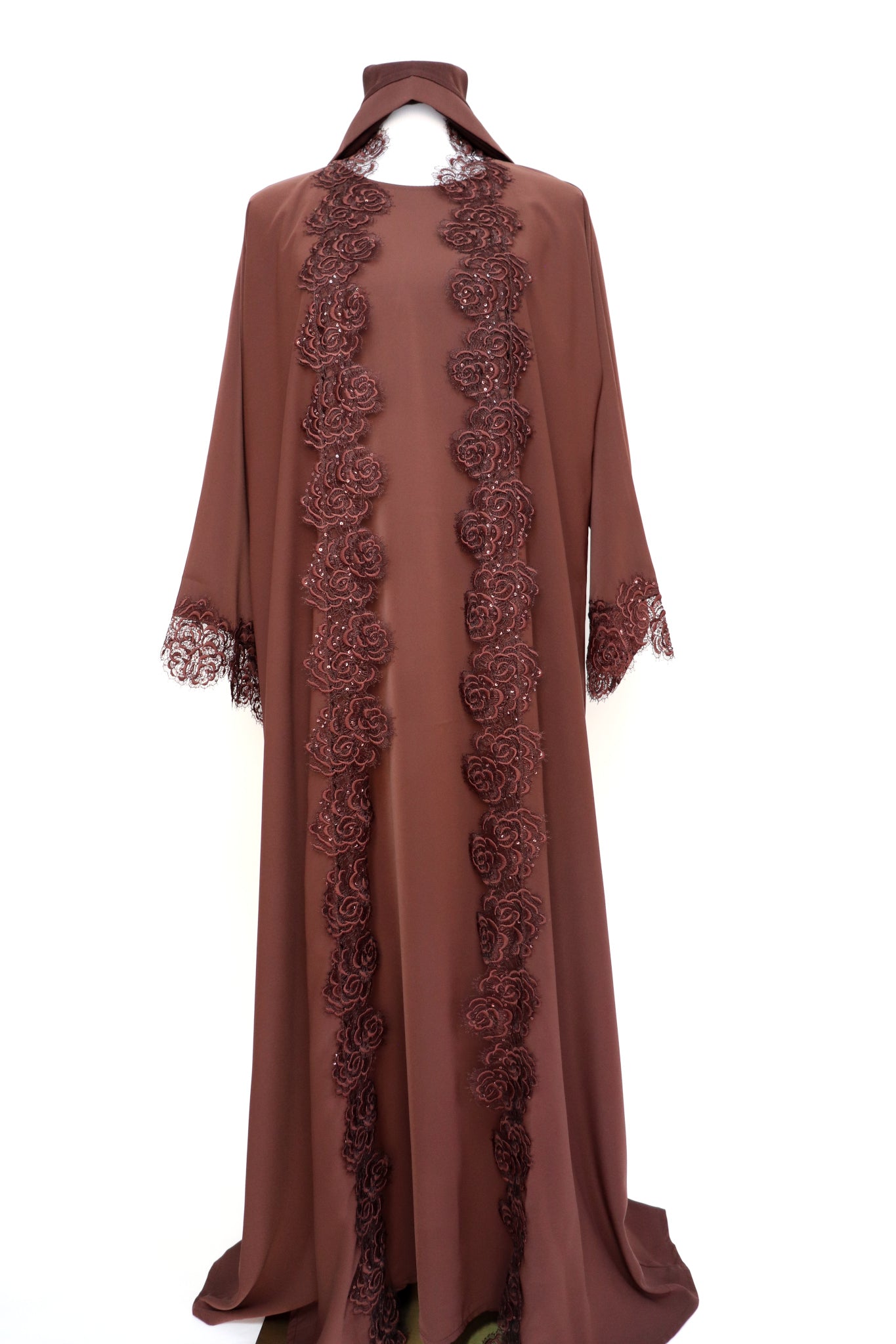 3 Piece Set Floral Lace Trim Abaya - Choco Brown