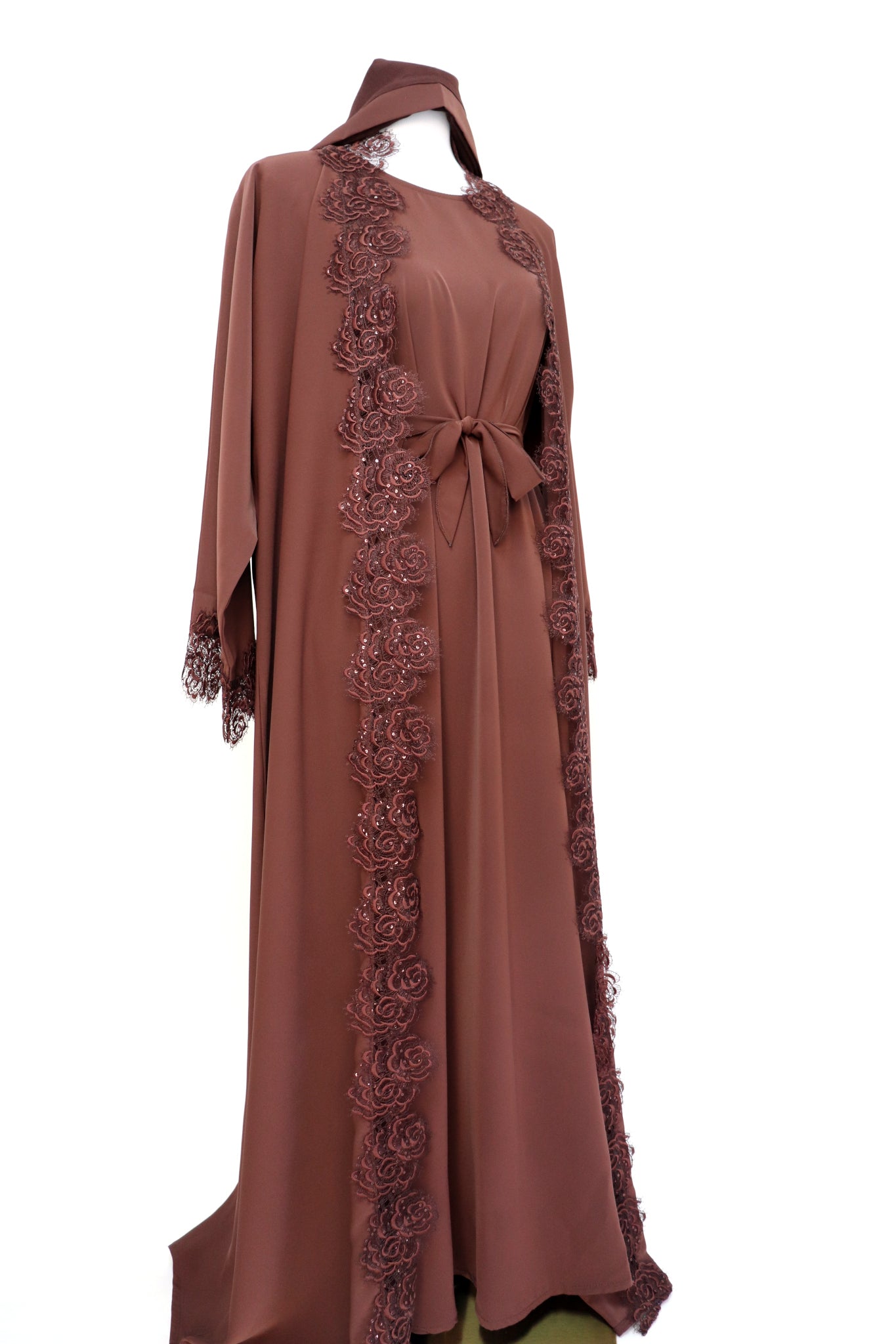 3 Piece Set Floral Lace Trim Abaya - Choco Brown
