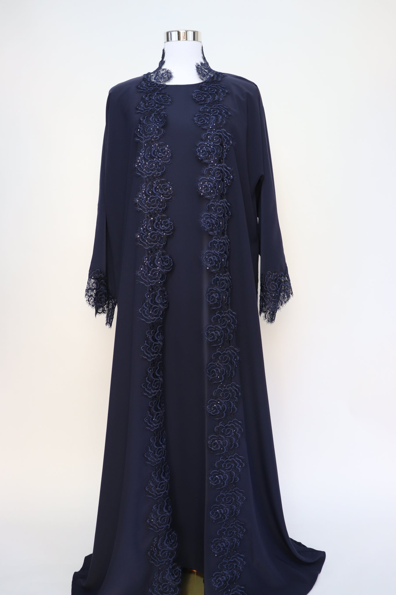3 Piece Set Floral Lace Trim Abaya - Navy