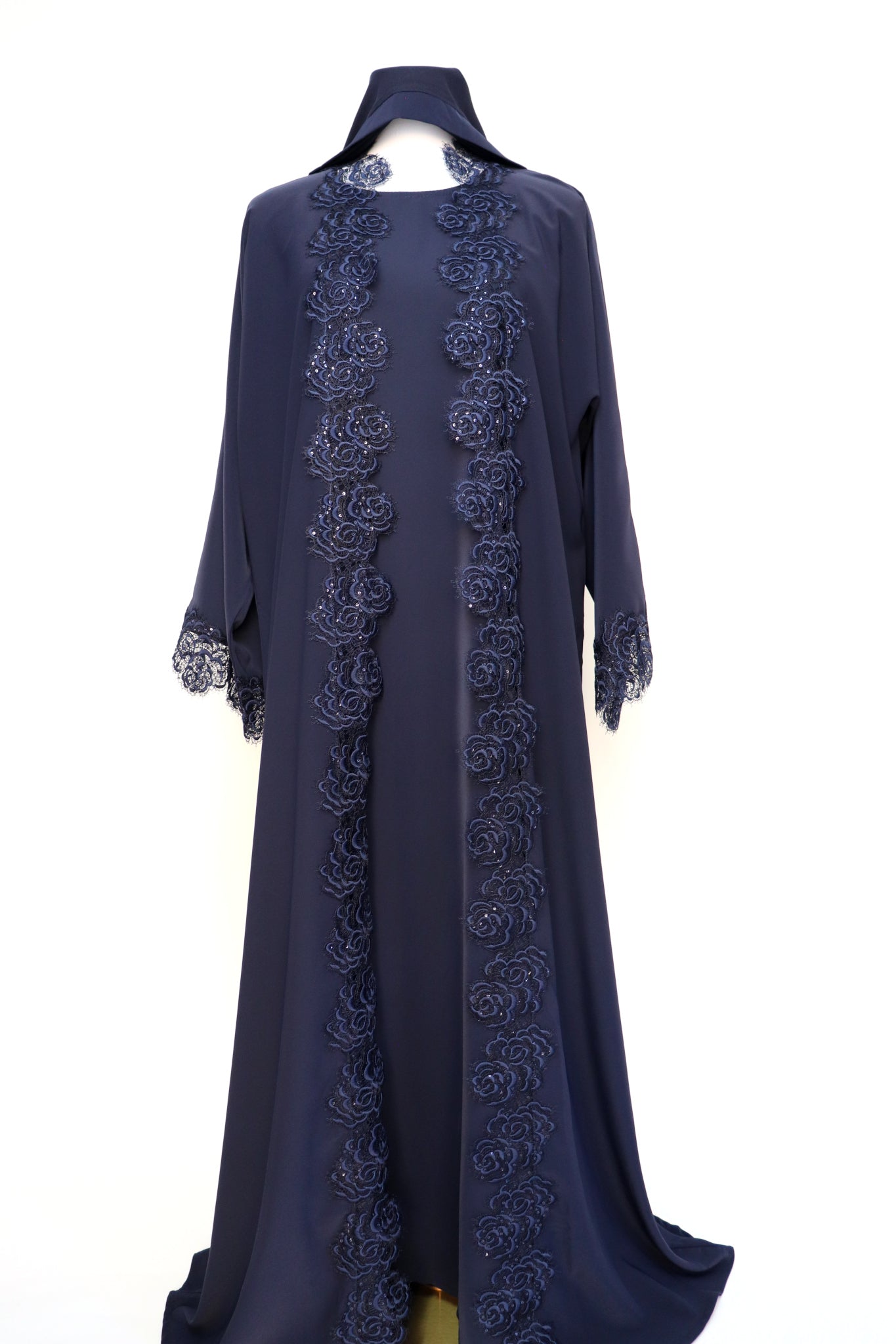3 Piece Set Floral Lace Trim Abaya - Navy