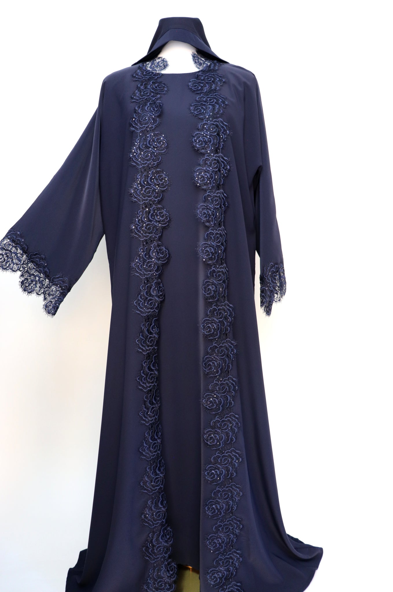 3 Piece Set Floral Lace Trim Abaya - Navy
