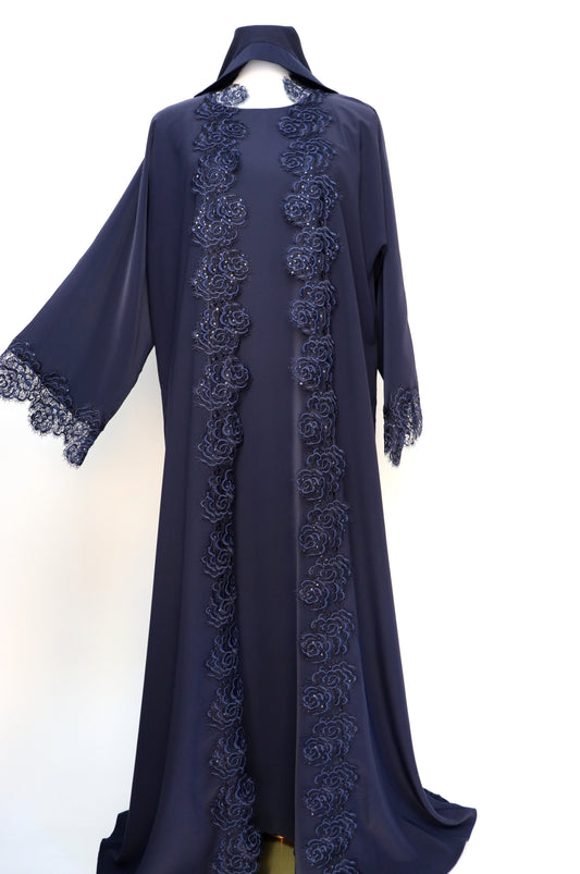 3 Piece Set Floral Lace Trim Abaya - Navy