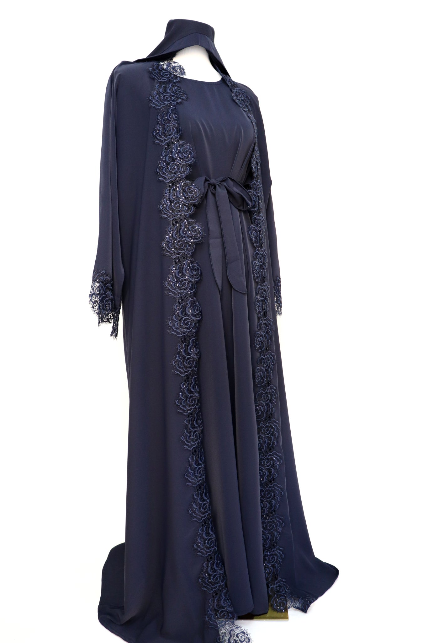 3 Piece Set Floral Lace Trim Abaya - Navy