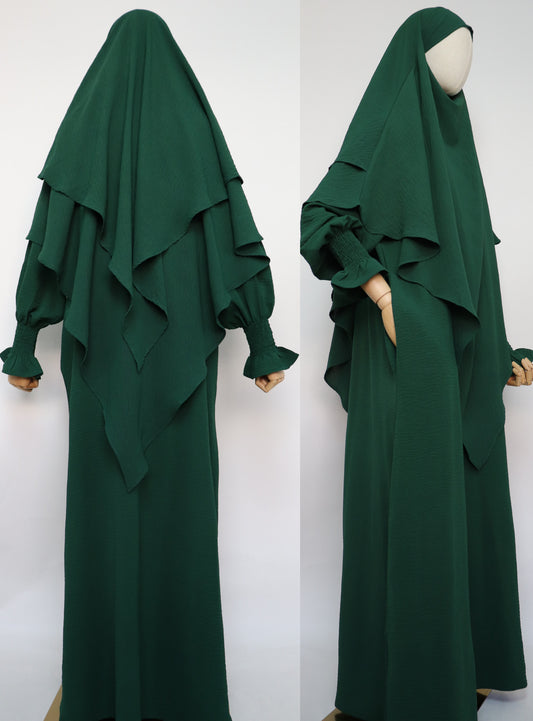 A-line Abaya Dress and Two Layer Diamond Khimar Set - Emerald