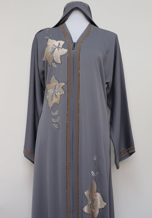 Full Zip Embroidery Abaya - Gray