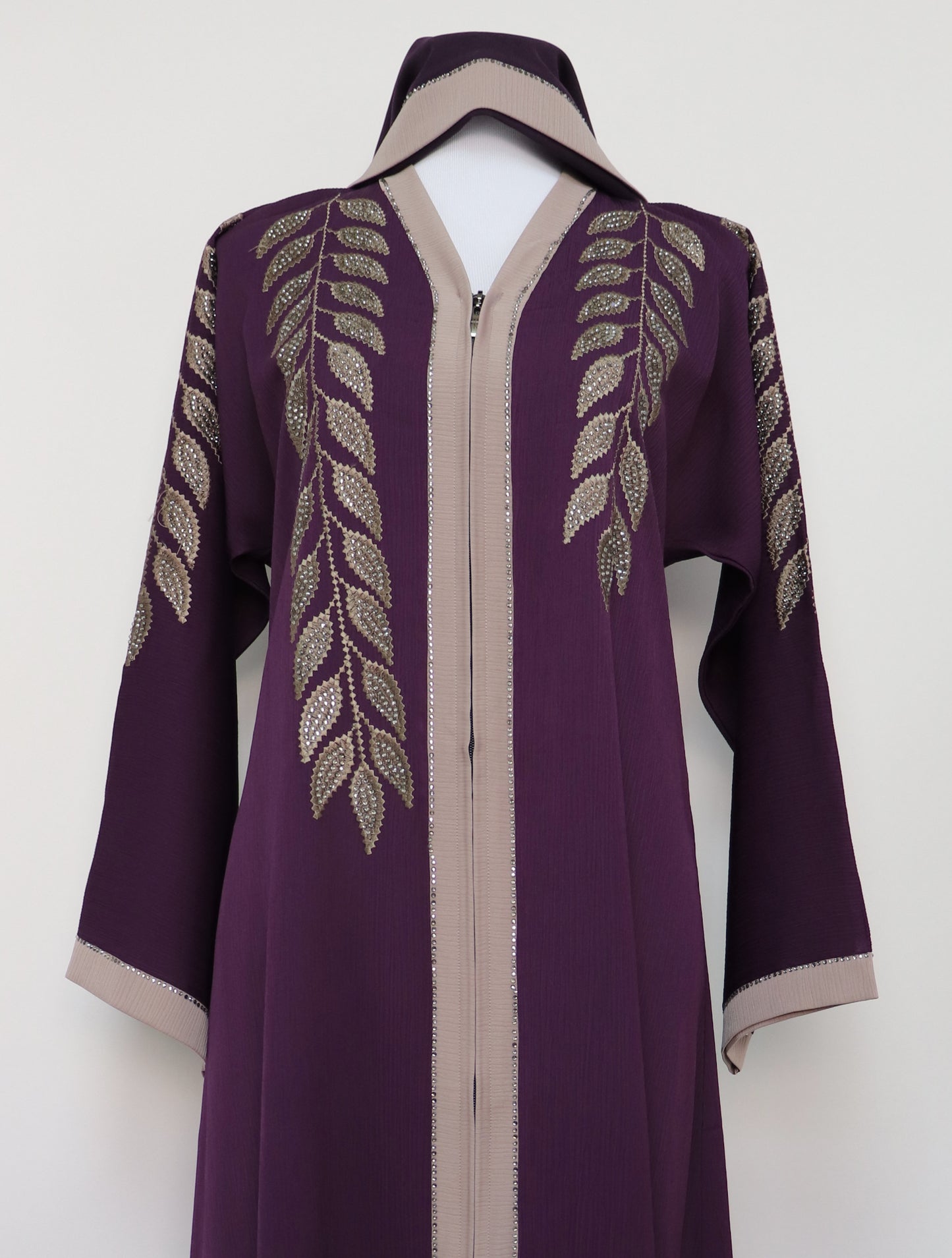 Full Zip Embroidery Abaya - Dark Purple
