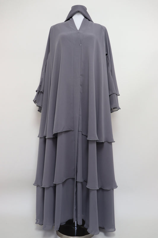 3 Layer Open Flare Chiffon Abaya - Silver Gray