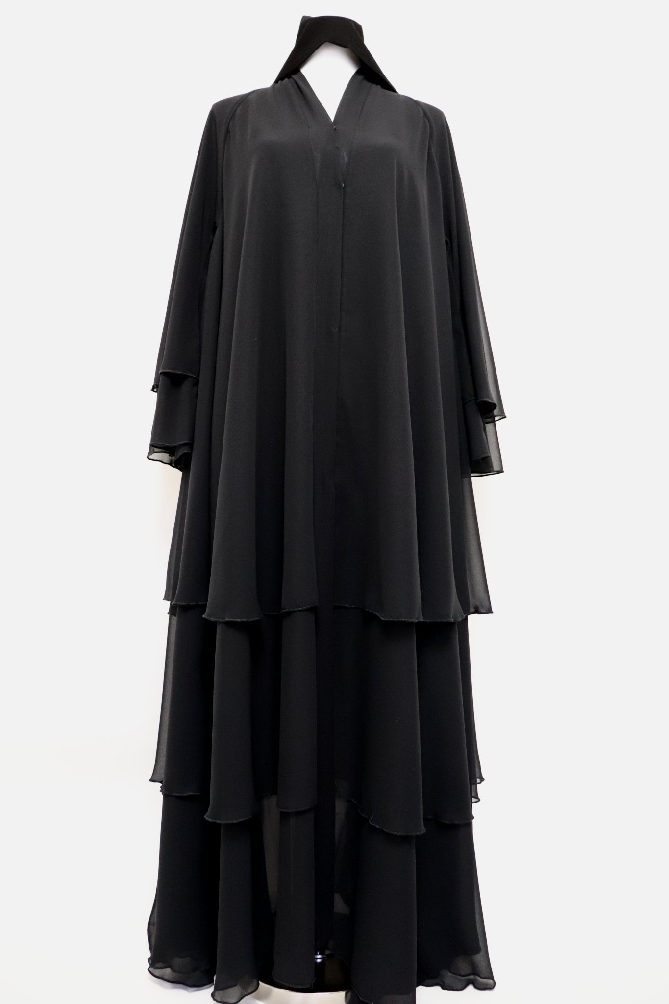 3 Layer Open Flare Chiffon Abaya - Black – sunnahoutfitters
