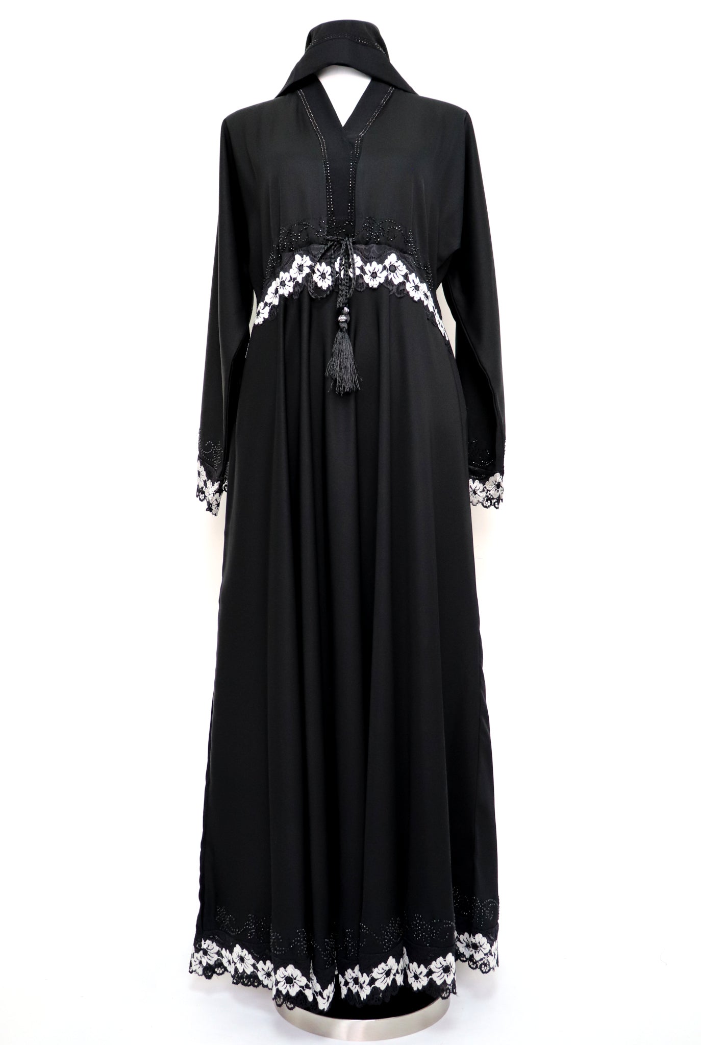 Lace Trim Flare Abaya - Black