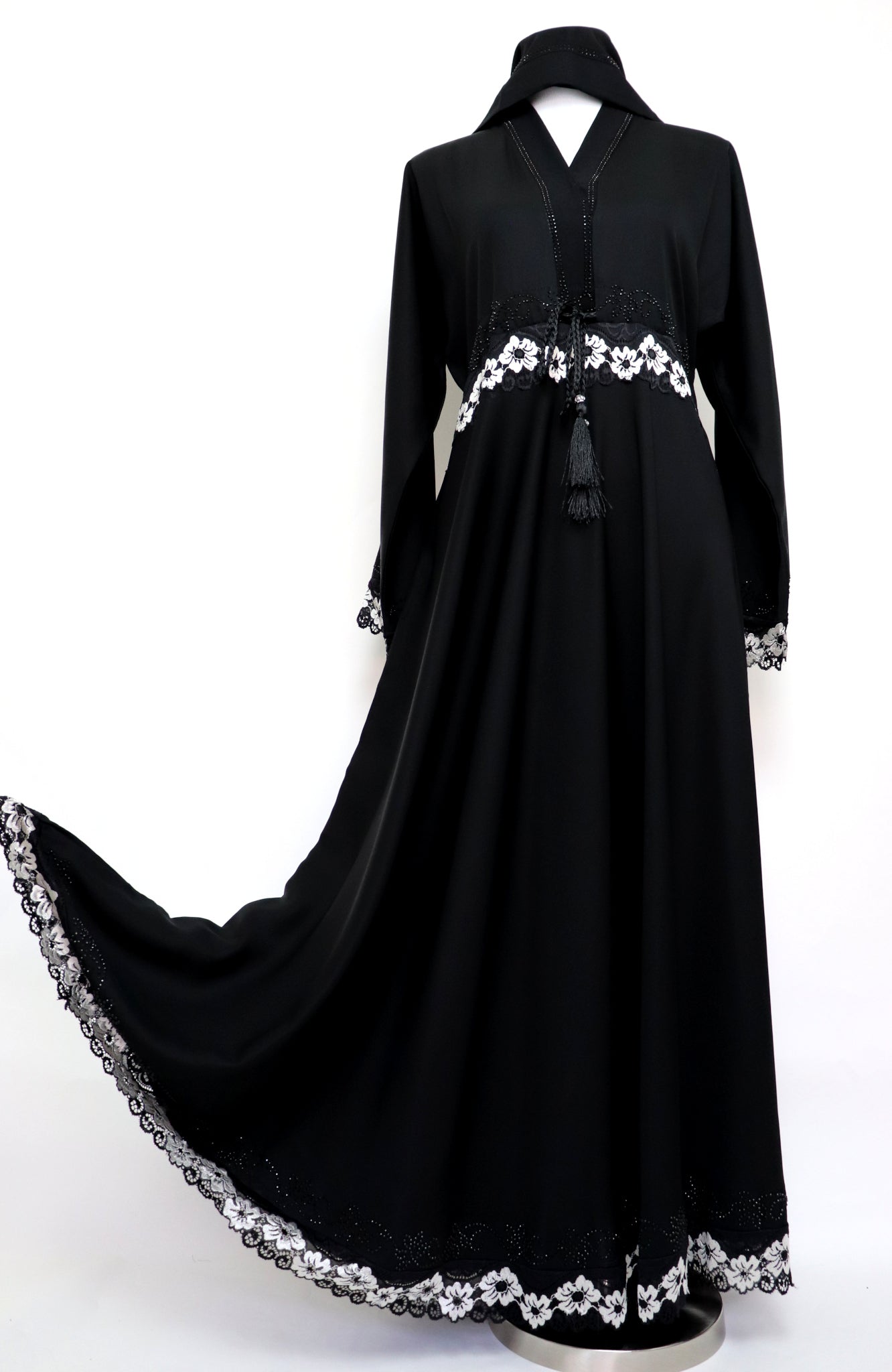 Lace Trim Flare Abaya - Black